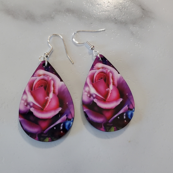 Pink Butterfly & Flowers Teardrop Earrings - Picture 3 of 12